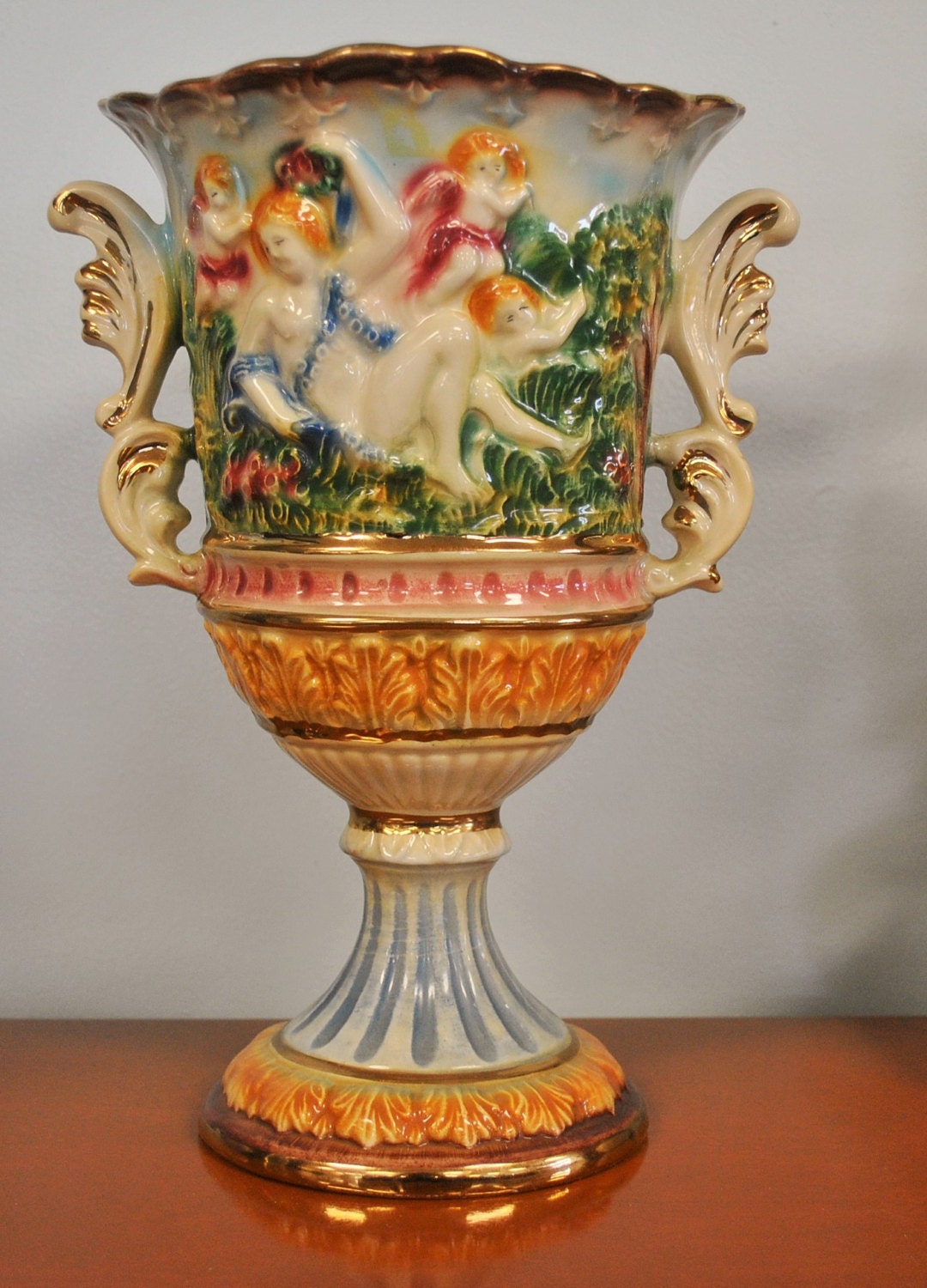 Vintage Authentic Porcelain Capodimonte Large Urn With Raised