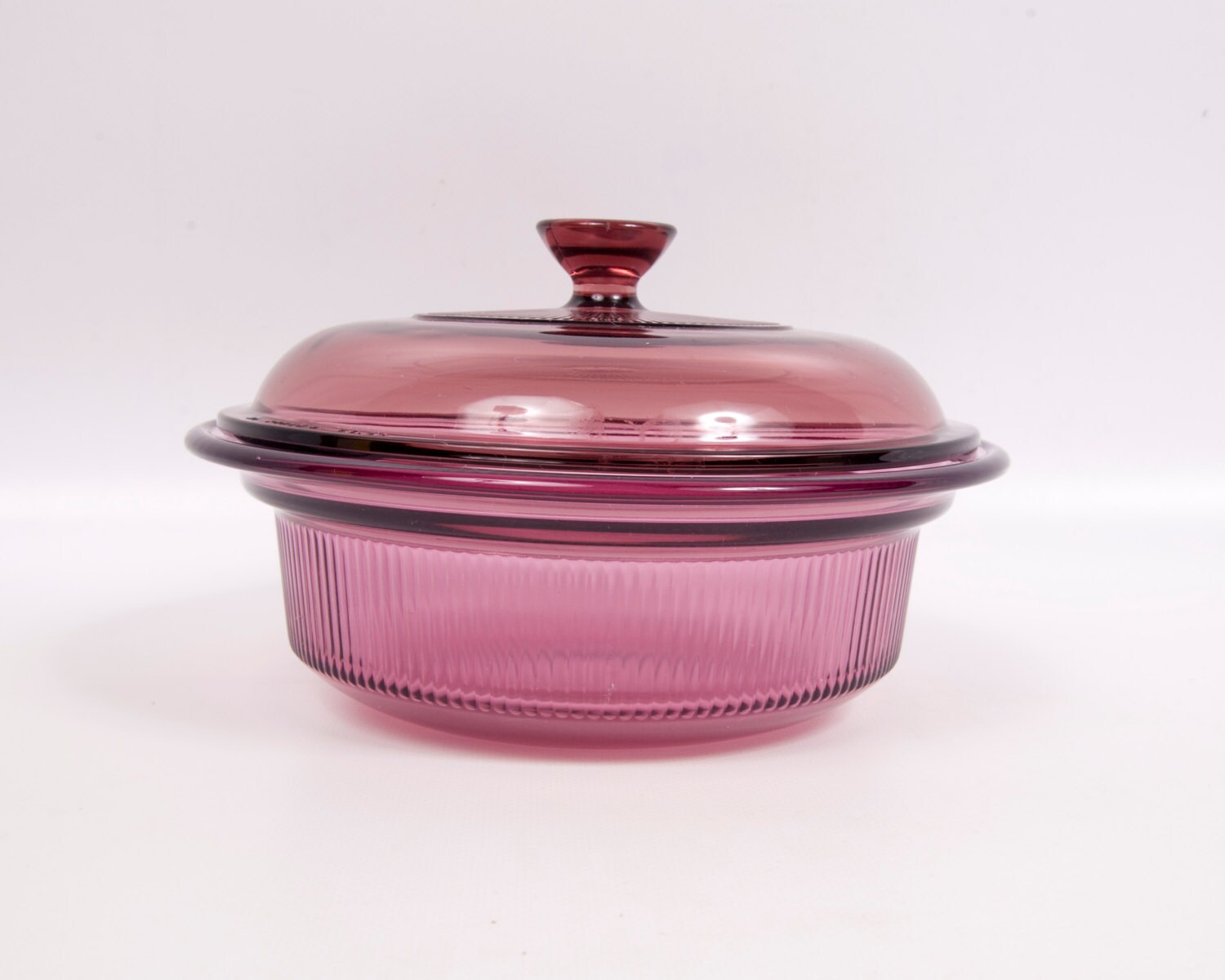 Vintage Cranberry Corning VISIONS Round Ribbed Bowl With Lid 8 Inch