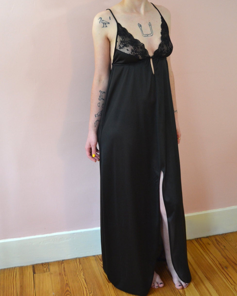 Vintage S Lingerie Slinky Sexy Black Sleeveless Long