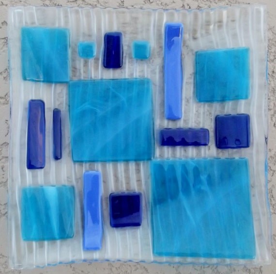 Fused Glass Square Transparent Plate with Blue by Studio60six