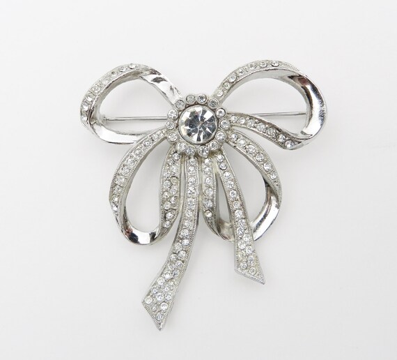 Book Piece Antique Art Deco Rhinestone Brooch Bow Clear RS Silver Tone Pot Metal Resale Bride Gatsby