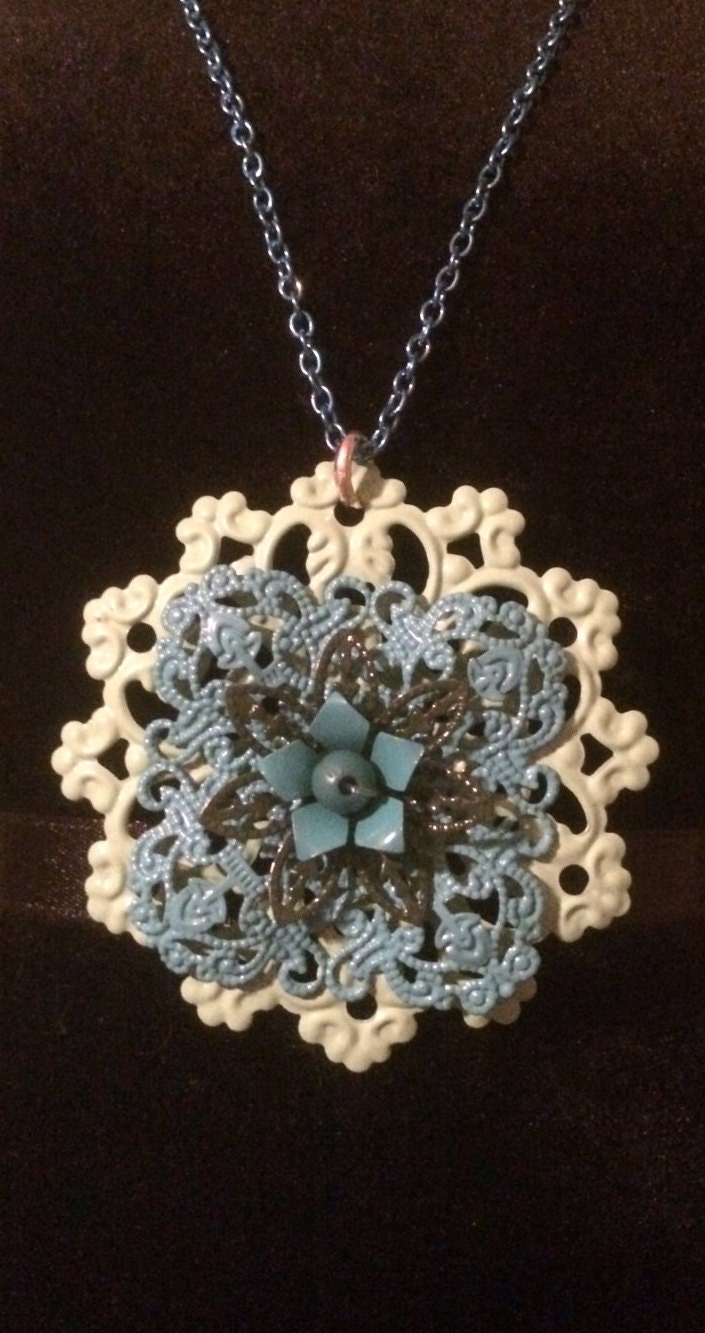 Items similar to Necklace with Pendant Blue and Green Flowers on a