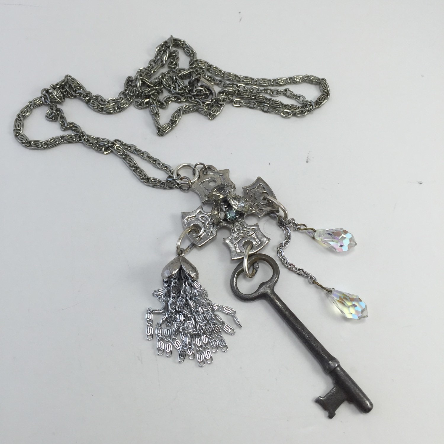 Skeleton Key Cross Necklace Pendant Long Crystal Beads By Ravished