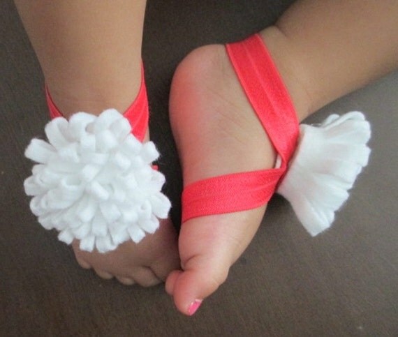 Coral Elastic Baby Barefoot Sandals w White Handmade Felt Pom Pom ...