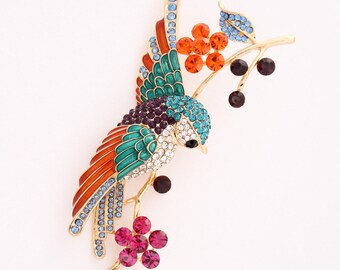 Items similar to Multi Colored Crystal Blue Bird Brooch Pin. Colorful