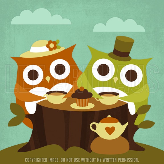 Items similar to Two Owl Card or Small Folk Art Print Neato Mod