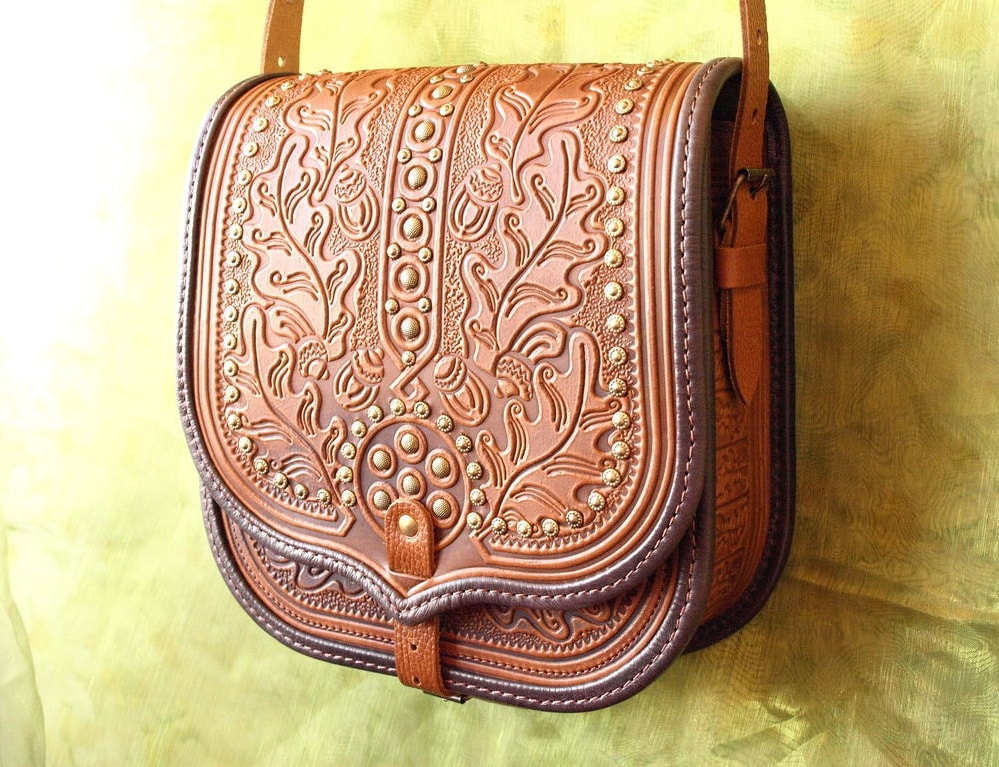 Tooled Leather Shoulder Bag Leather Brown Handmade By Natatrade