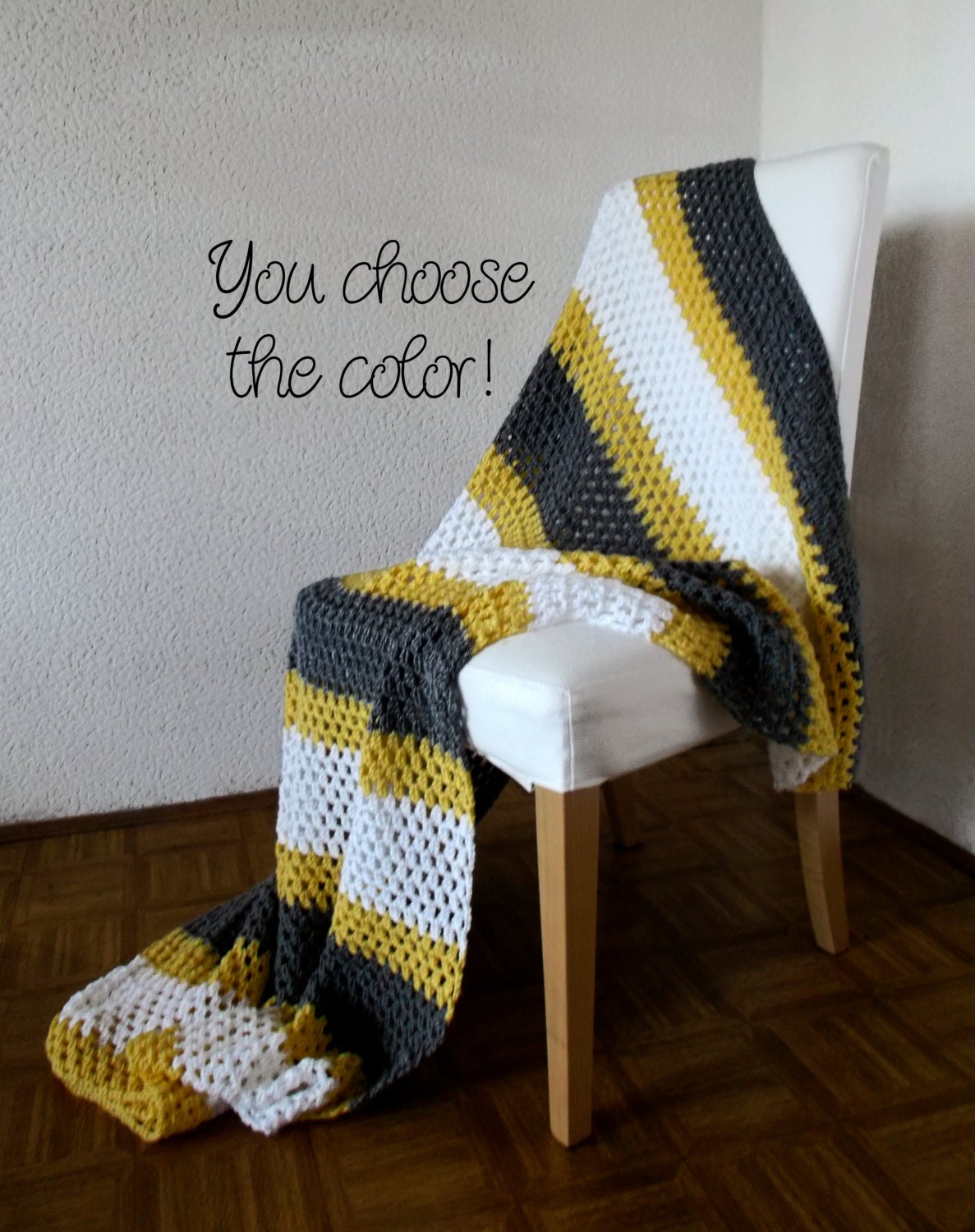 Personalized Striped Throw Blanket Afghan White, Grey and Yellow
