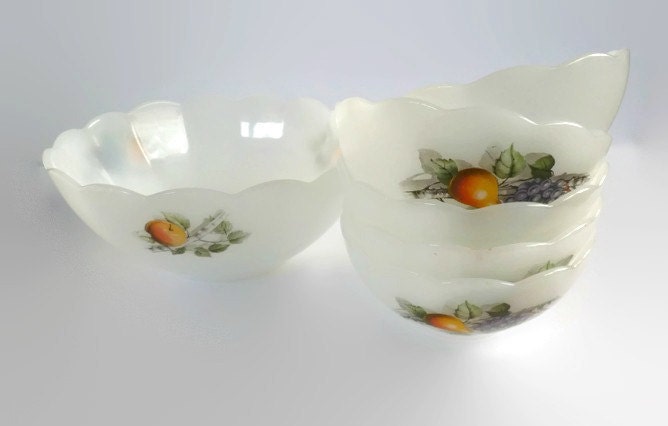 French Vintage Arcopal Bowls Fruit Design Milk Glass Bowls Set Of