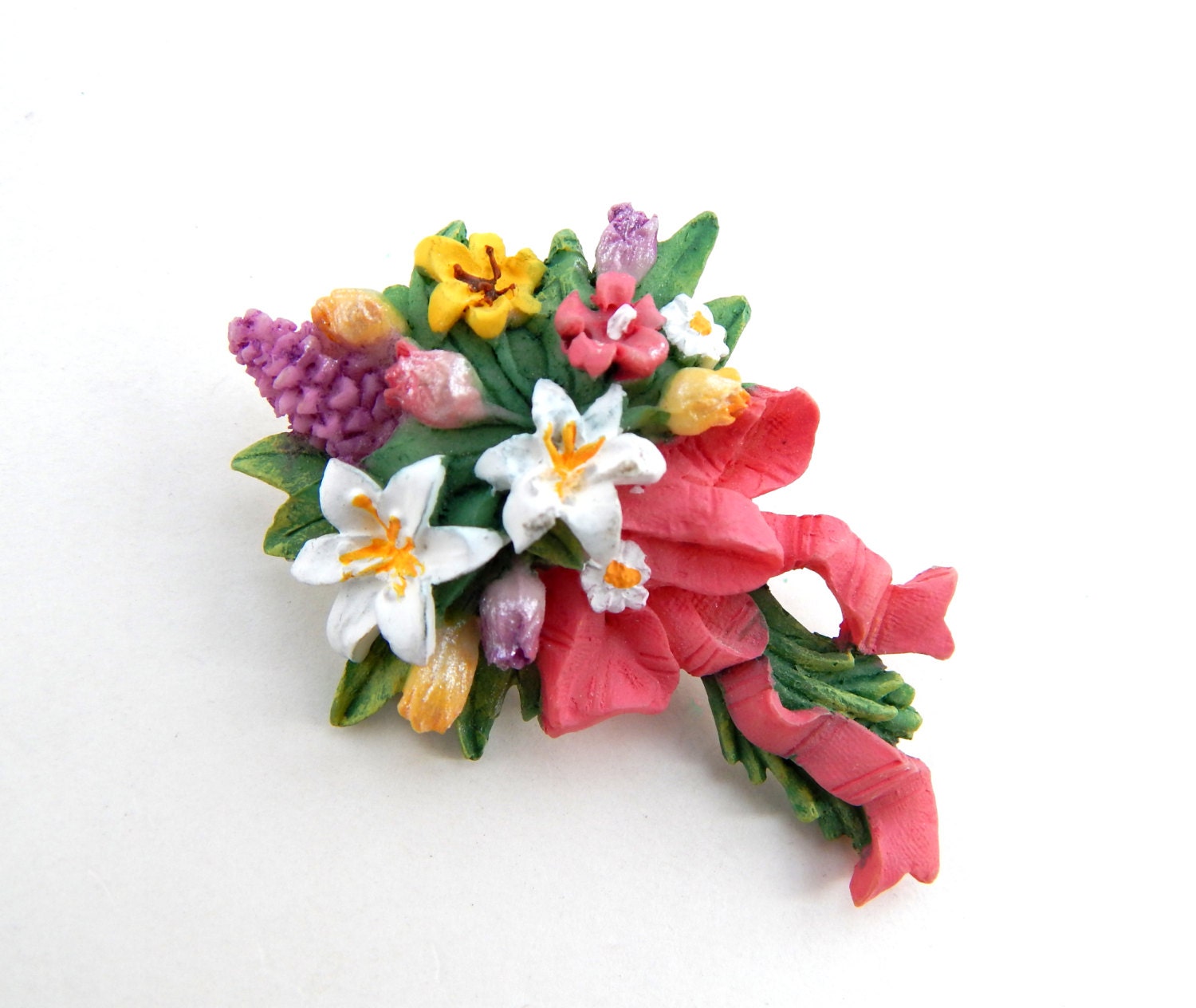 Vintage Flower Pin, Flower Bouquet Brooch, Spring Flowers Pin, Ceramic Lapel Pin Flowers Tac Pin, Spring Jewelry