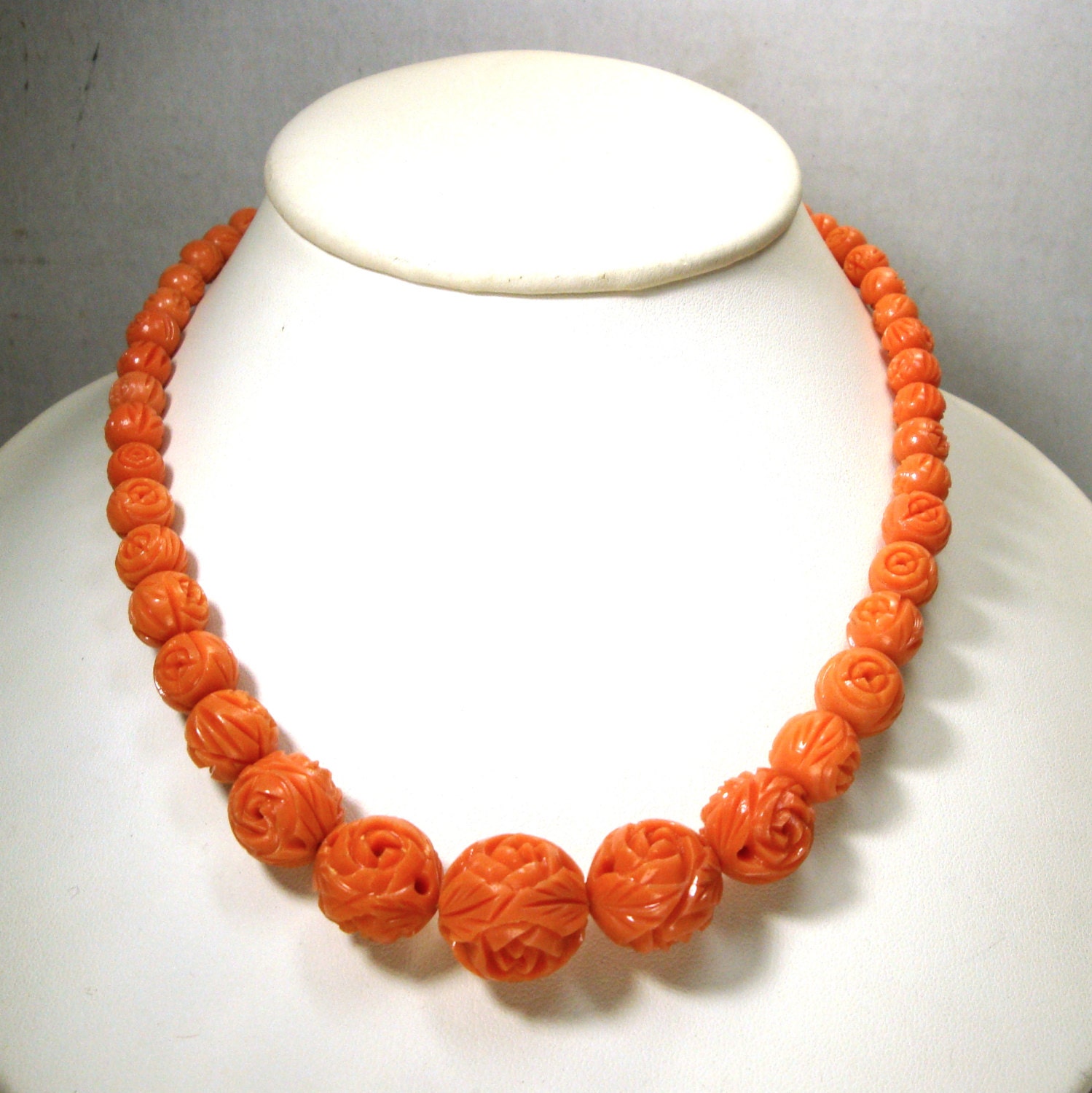 Faux Coral Carved Rose Bead Necklace S By Vintagestarrbeads