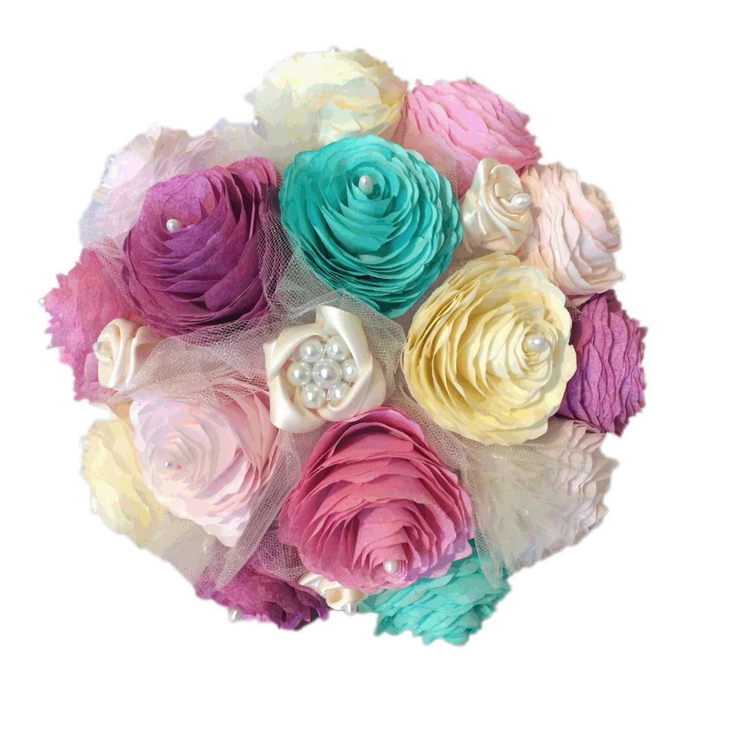 Romantic Peony bouquet, Satin ribbon bouquet, Brooch bouquet, Pink Teal orchid and ivory bouquet, Lace & ribbon bouquet, Paper Peony Bouquet