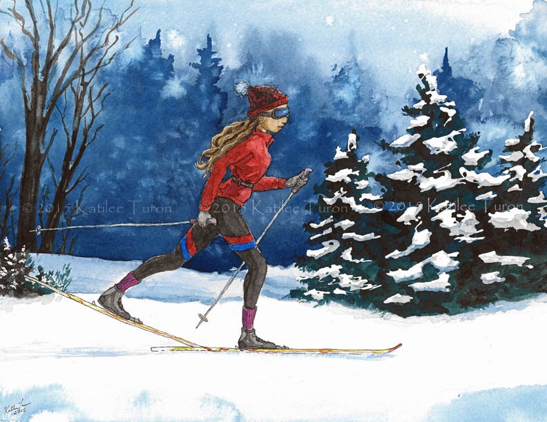 Skiing Watercolor Art Painting Print Skiing By ADKArtsBoutique