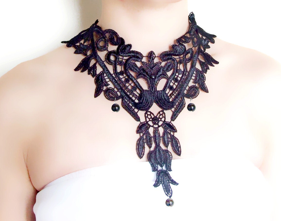 SALE Large Gothic Black Lace Choker Bib Necklace Steampunk