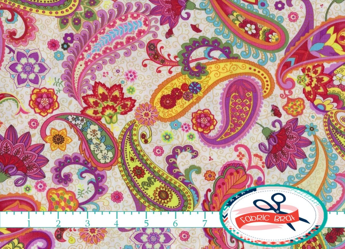 Bright Paisley Fabric By The Yard Fat Quarter Aqua Pink