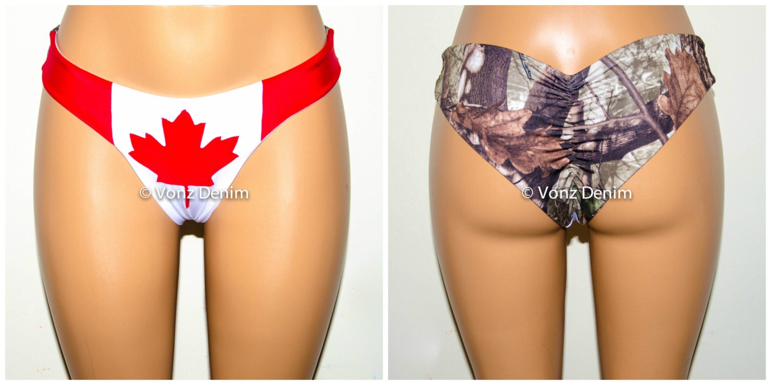 Canadian Flag And Camo Scrunch Bikini Bottom Cheeky Hips