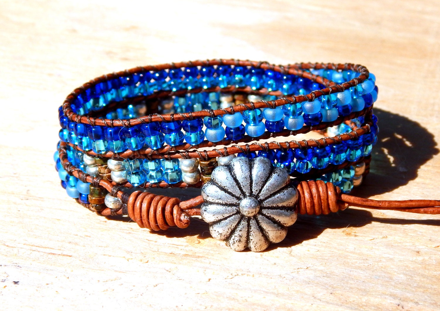 Beaded Leather Wrap Bracelet Three Row Sea And Sky By Aerieanna