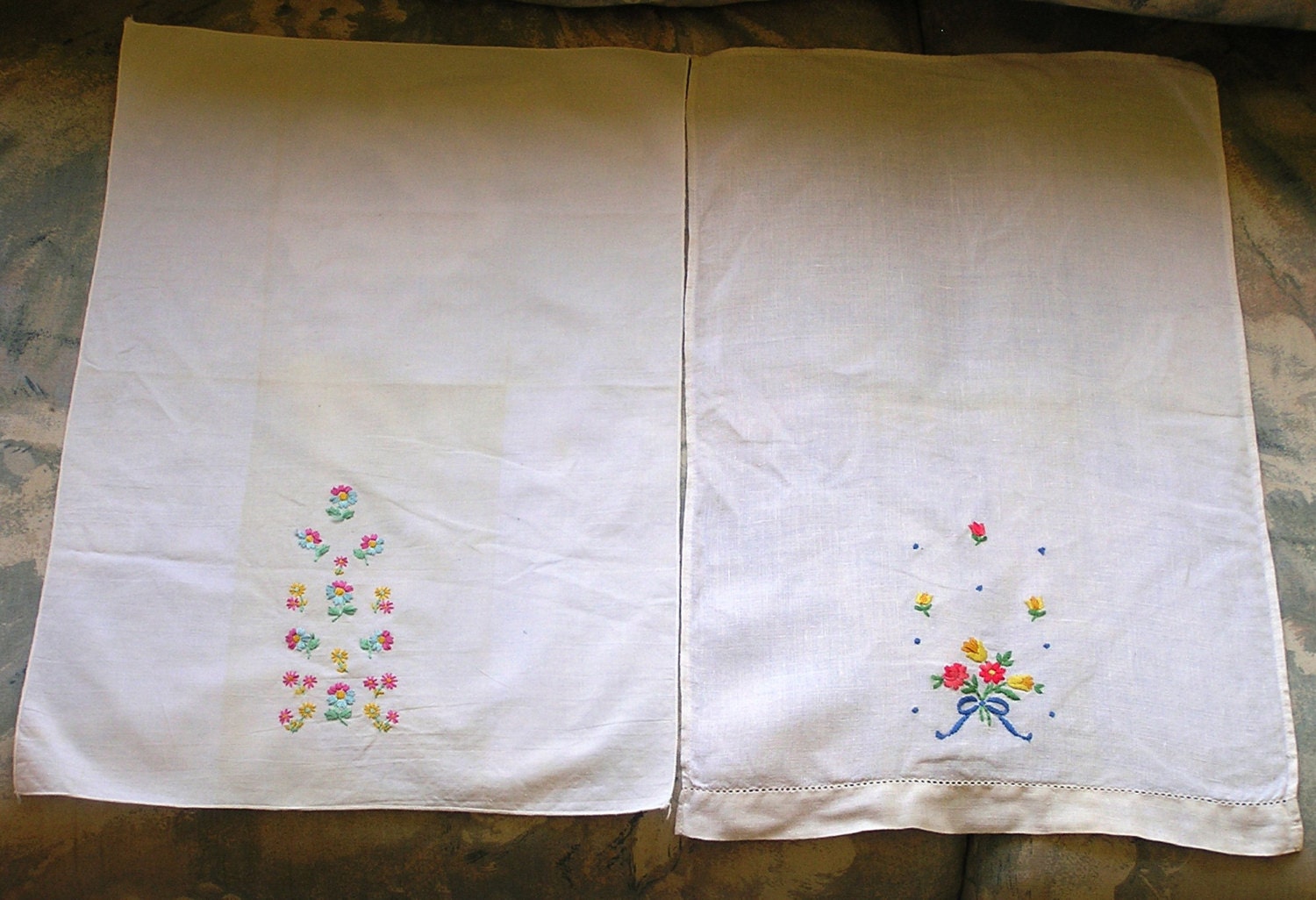 Vintage Pair Embroidered Cotton Tea Towels By Treasurebydemand