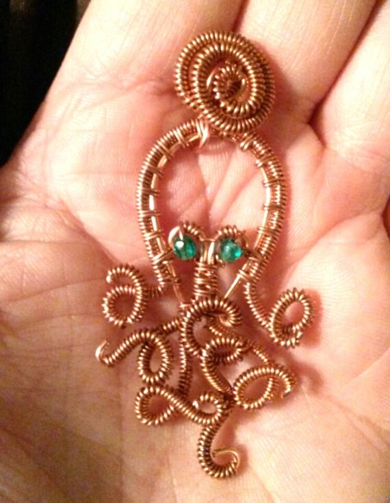 Copper Wire Wrapped Octopus Pendant with Green by CPaulDesigns