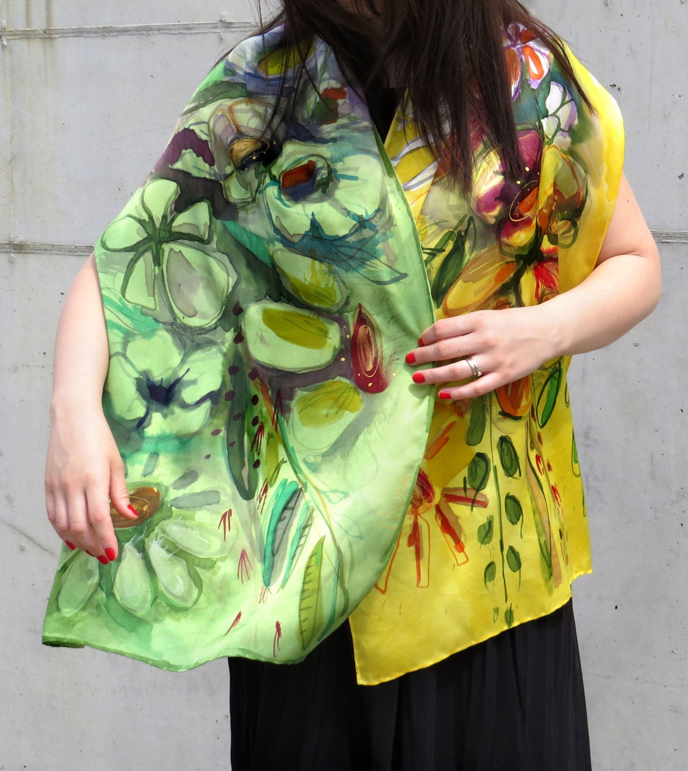 Silk Scarf Hand Painted Floral Silk Satin Scarf Handpainted