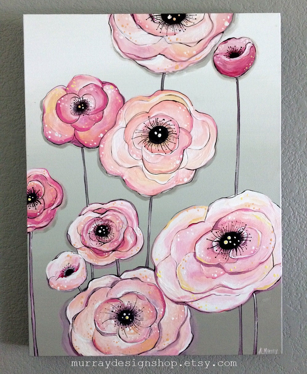 Pink and Gray Modern Flower Painting Acrylic by