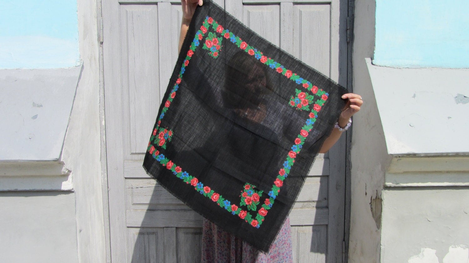 Black Vintage Wool Floral Lovely Scarf, Black Ukrainian Shawl, Russian Floral Sc