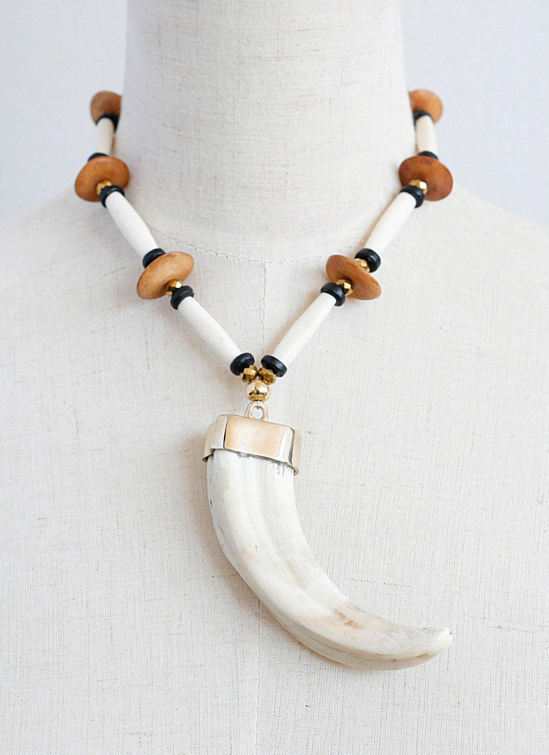 Boar Tusk Necklace With Crystal And Bone Beads By Gekajewellery