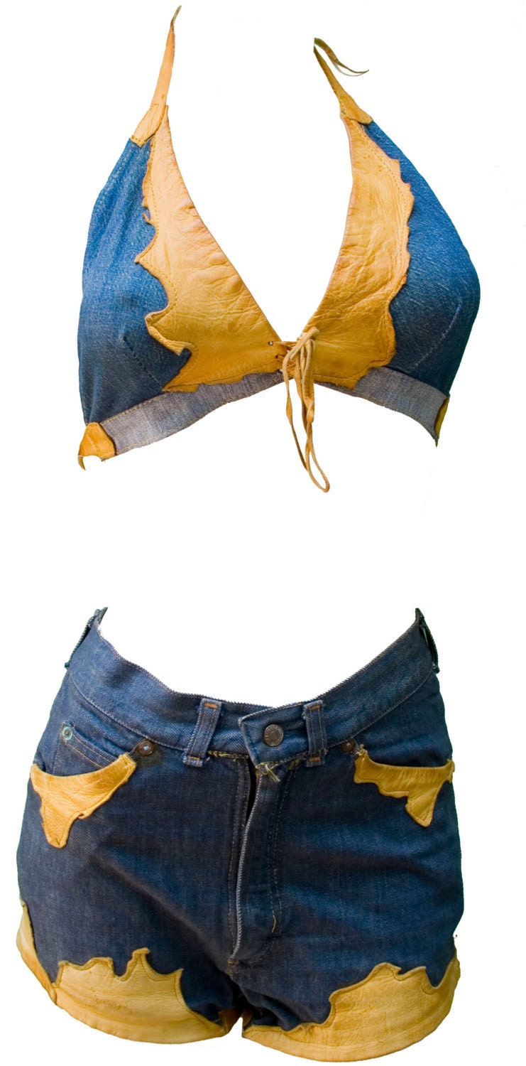 1960s Small Short Bikini Top Halter Set Leather Denim Jean