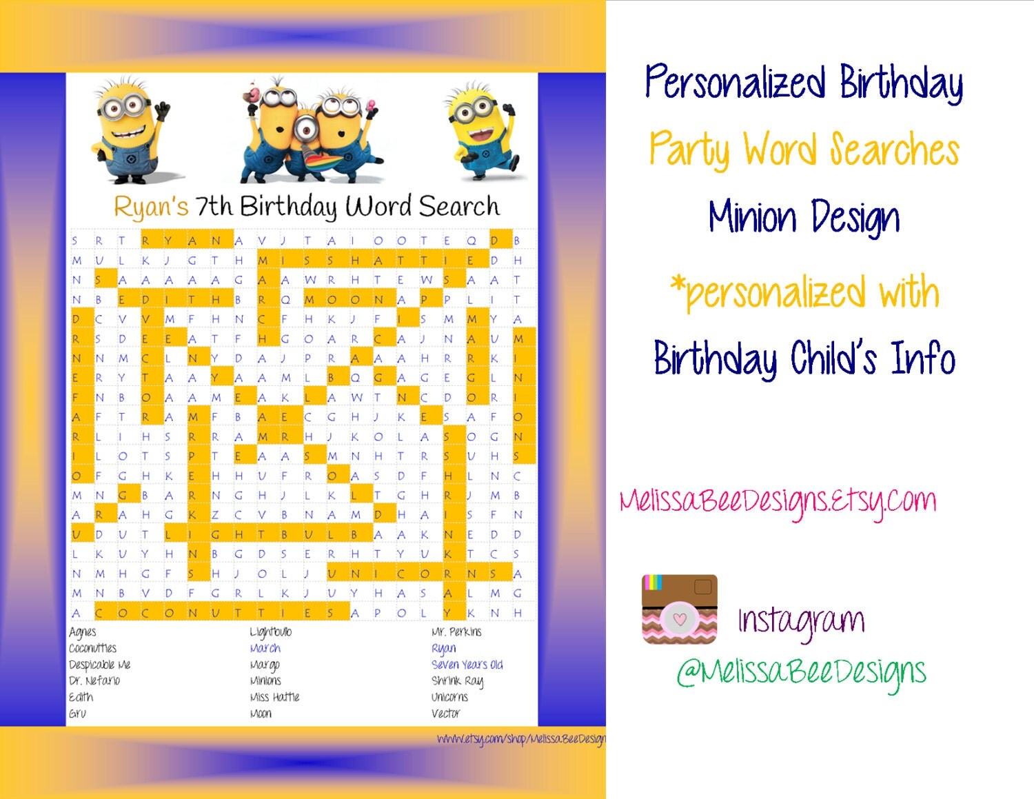 Items Similar To Printable Personalized Word Search Cute Minions