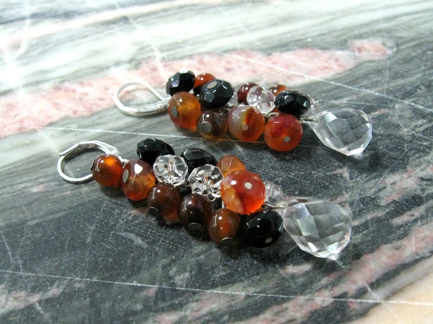 Cascade Drop Earrings Natural Carnelian Black Onyx Czech