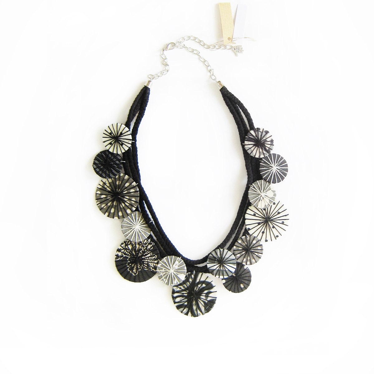 Statement Fabric Necklace Black White Fabric Wrapped Necklace Knotted