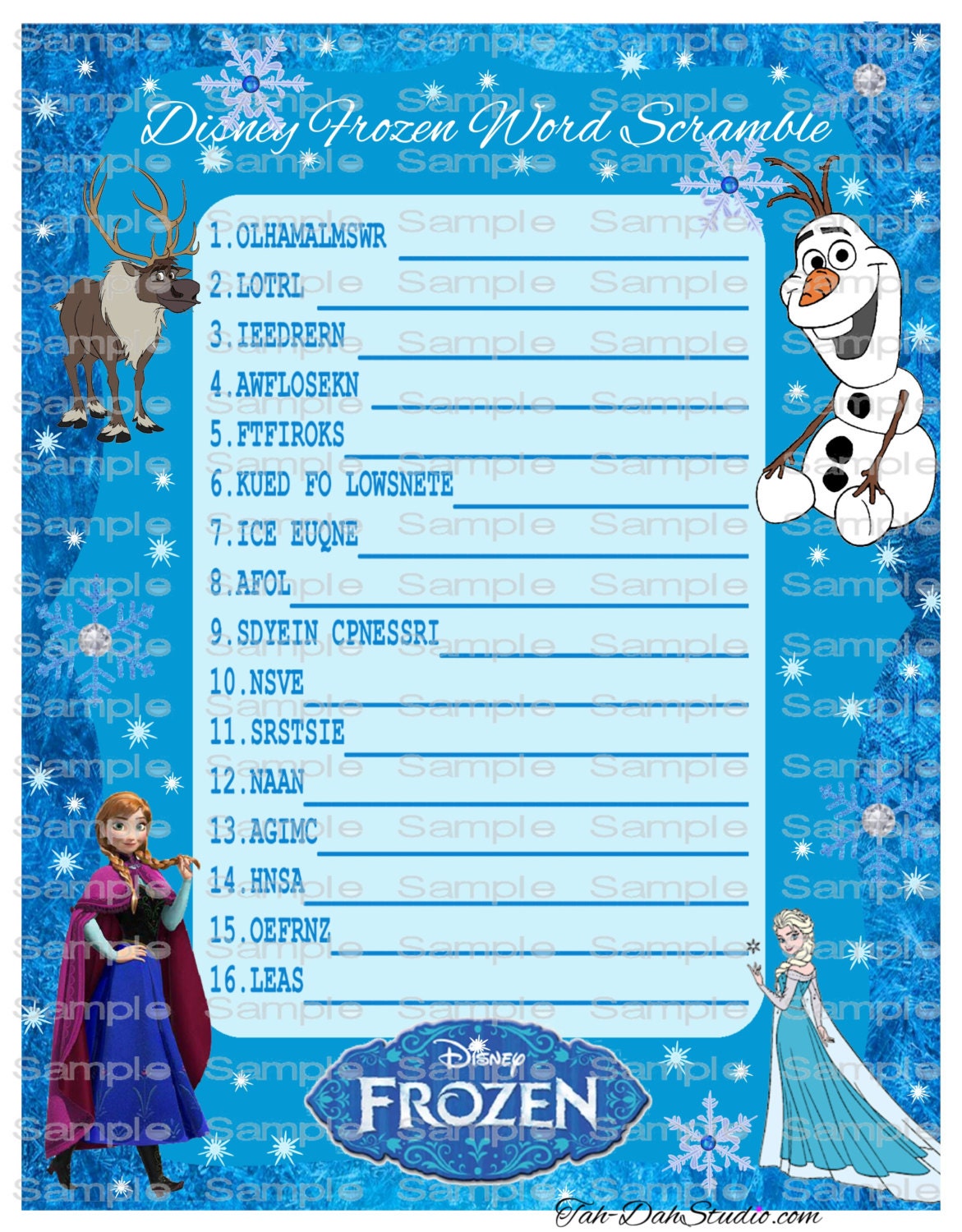 Word Search FROZEN Anna Elsa Olaf Printable By TahDahStudio