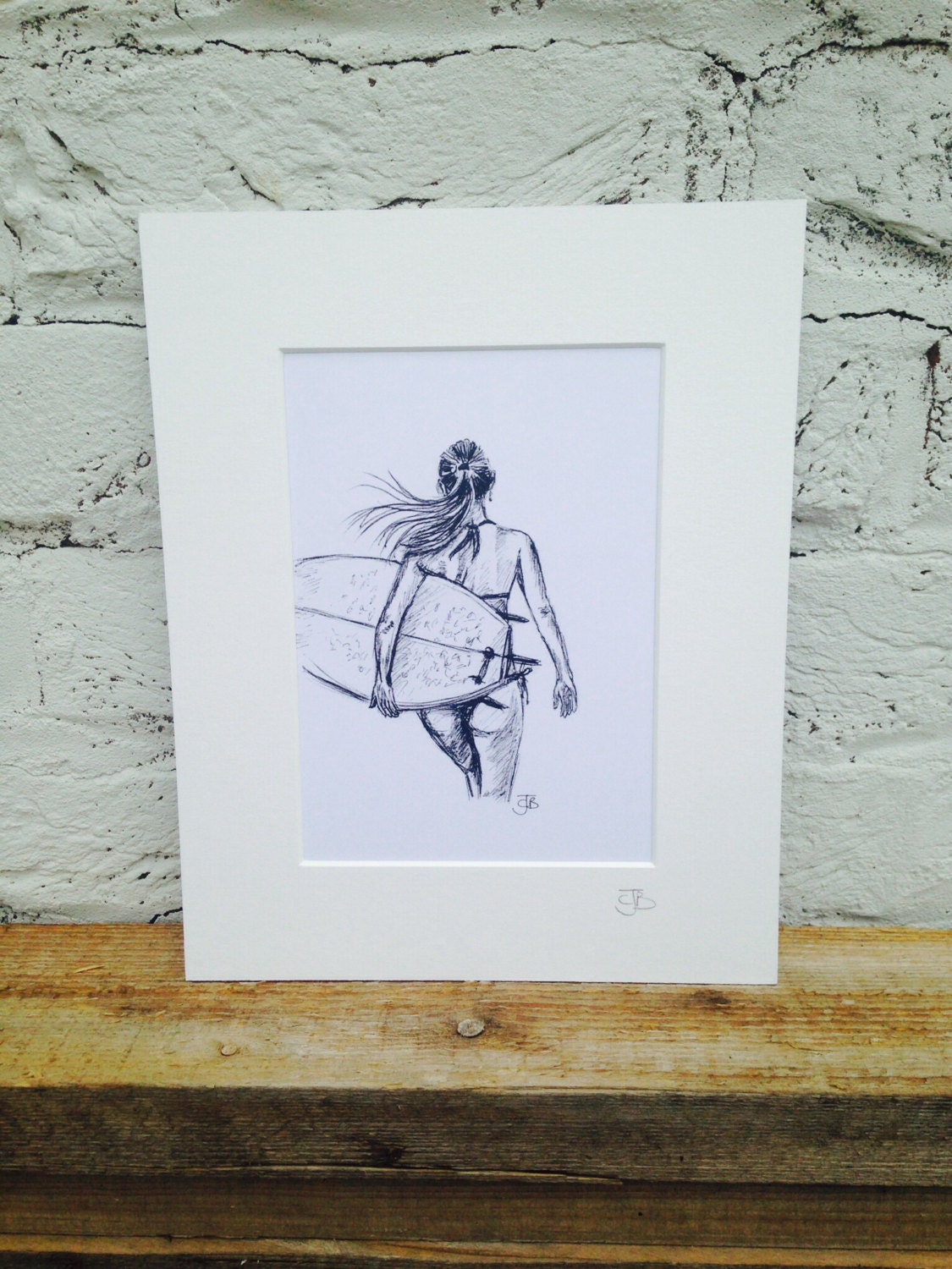 Mounted Signed Print Of Biro Sketch Surfer Girl Surf Art