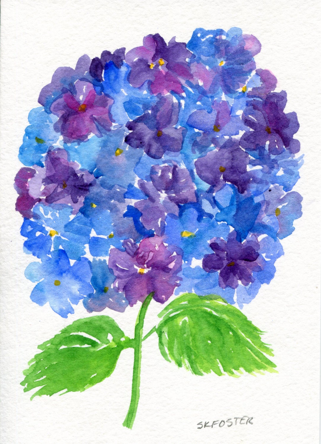 Purple Blue Hydrangeas Watercolor Painting Original 5 X 7