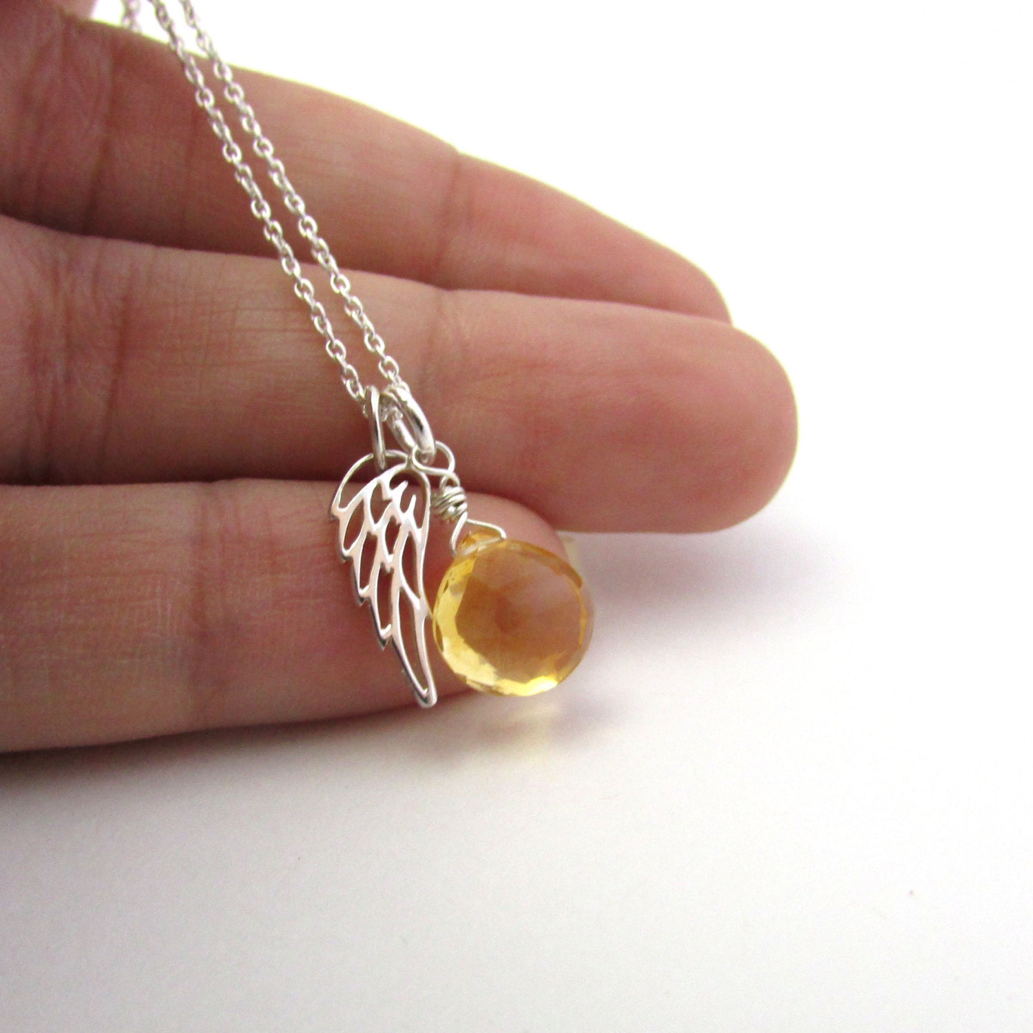 Guardian Angel Necklace Citrine Pendant With Angel Wing