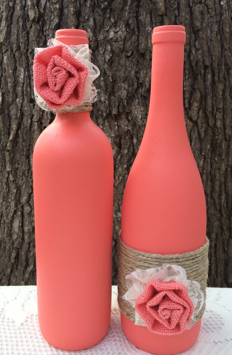 Coral Hand Painted Wine Bottles With Twine And Lace Burlap