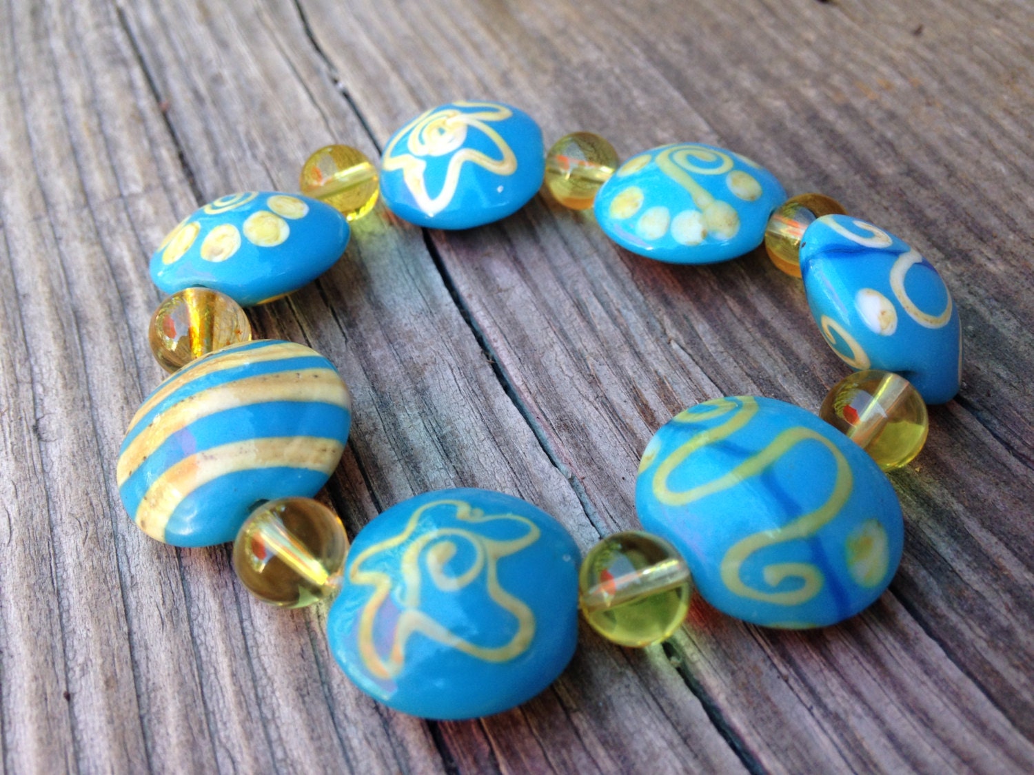 Lampwork Glass Bead Stretch Bracelet Turquoise Yellow