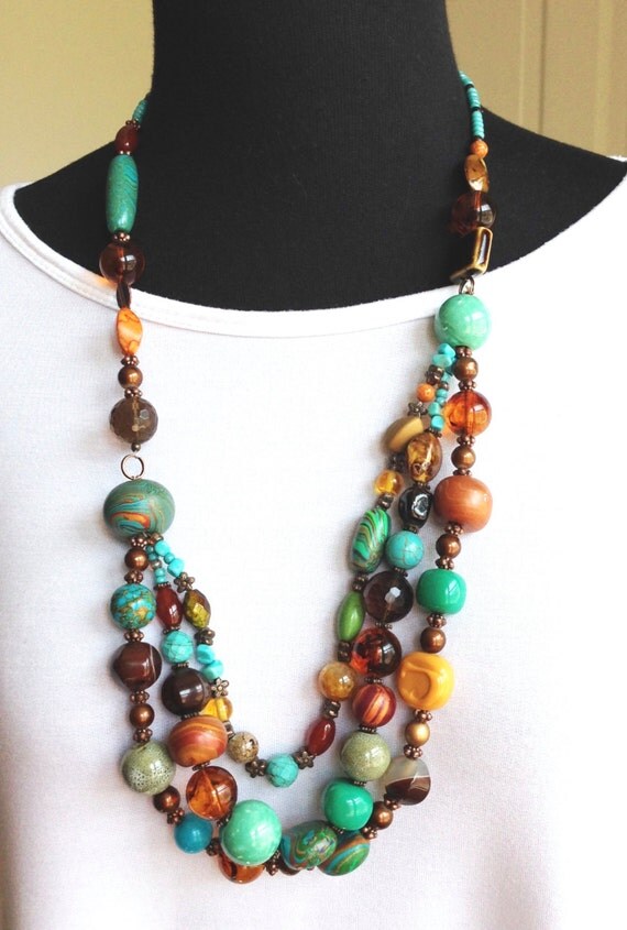 Multi Strand Beaded Necklace Bold Chunky Necklace Boho