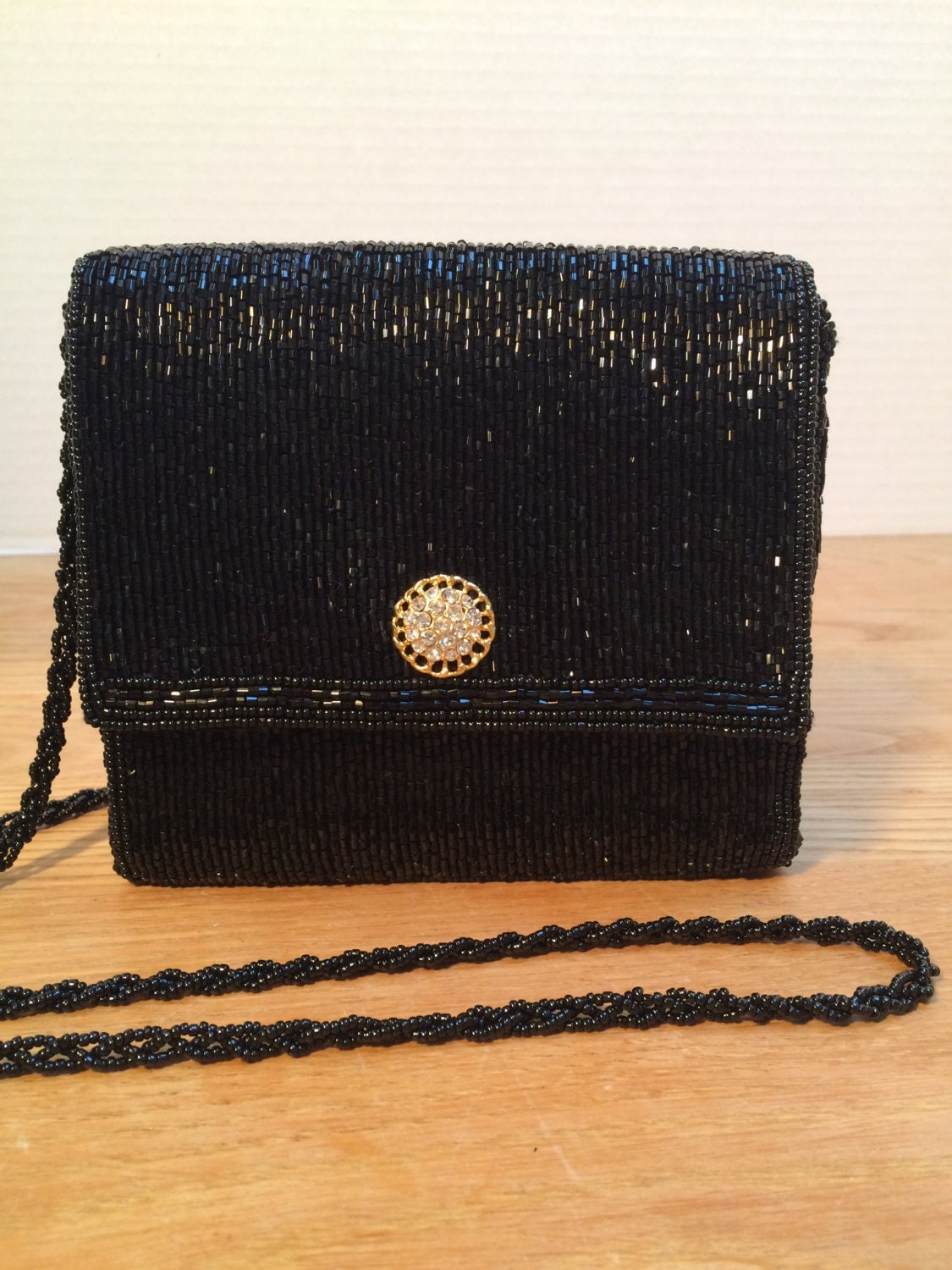 La Regale Vintage Purse Black Bugle Beaded Evening Bag