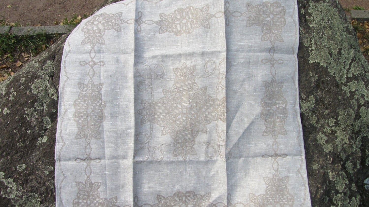 Linen orange(white) dinner tablecloth, orange tablecloth with ornament, Kithcen