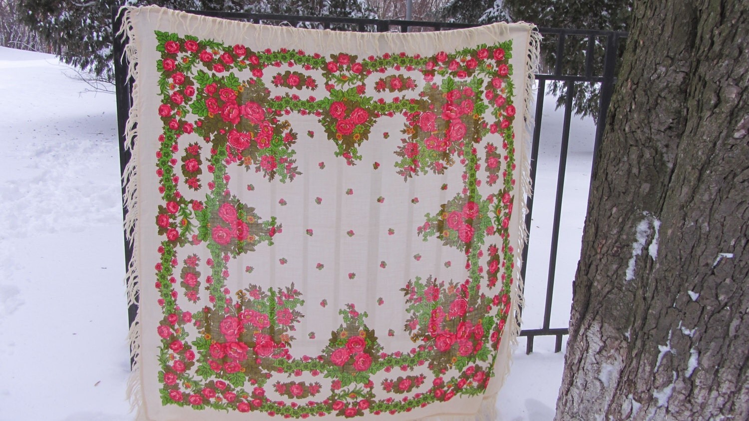 Floral Vintage Pure Wool Scarf White Ukrainian, Russian Floral Scarf, white shaw