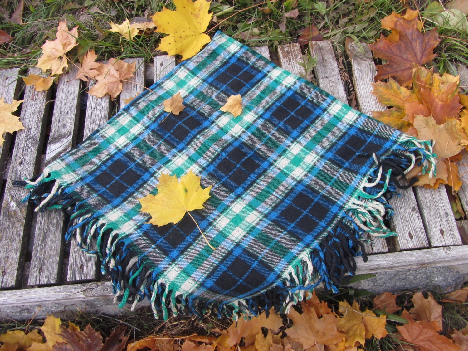 Blue, Green Black checkered pattern wool scarf, USSR vintage wool scarf, Warm gi