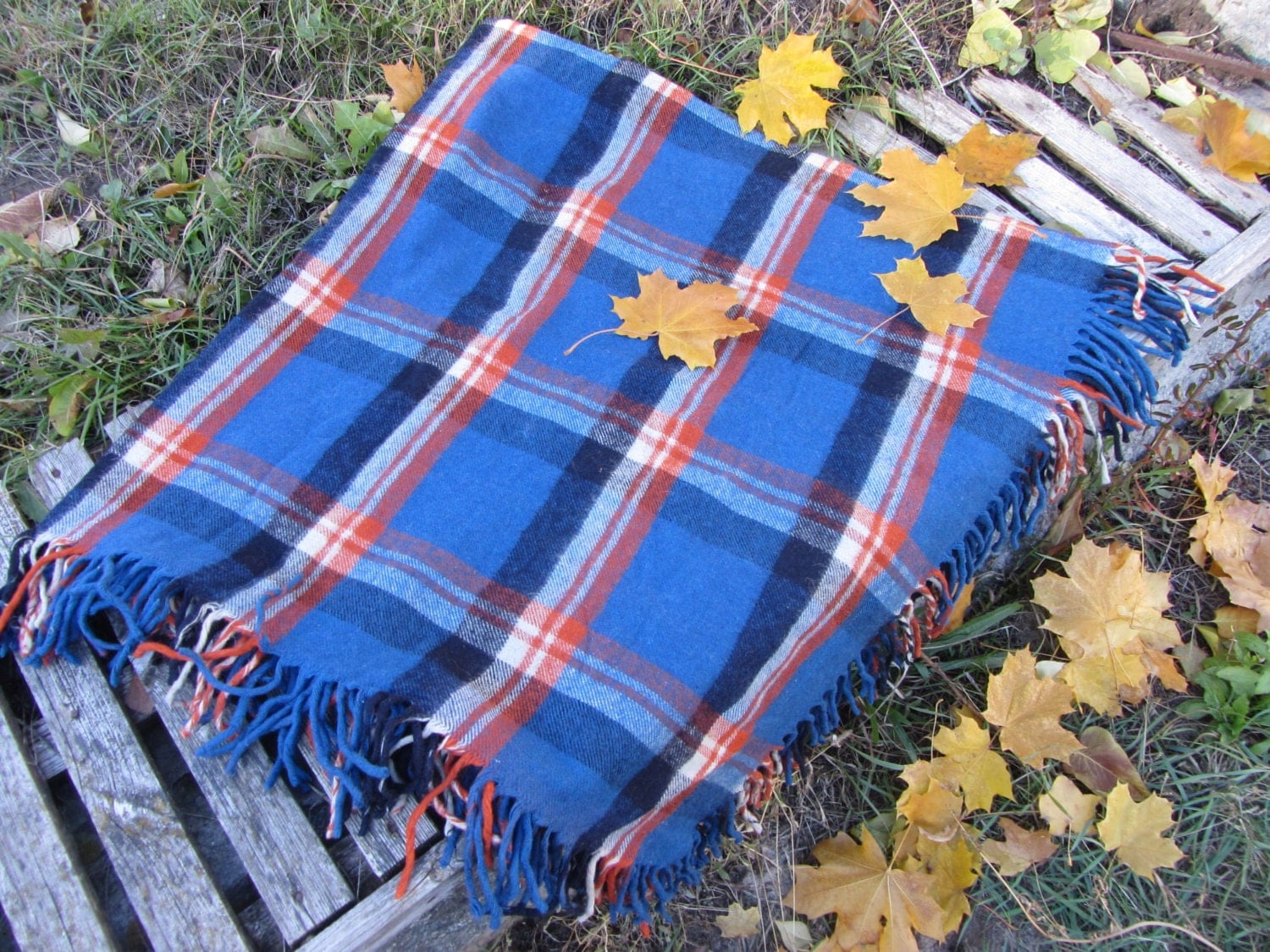 Blue, Yellow Black checkered pattern wool scarf, USSR vintage wool scarf, Warm g