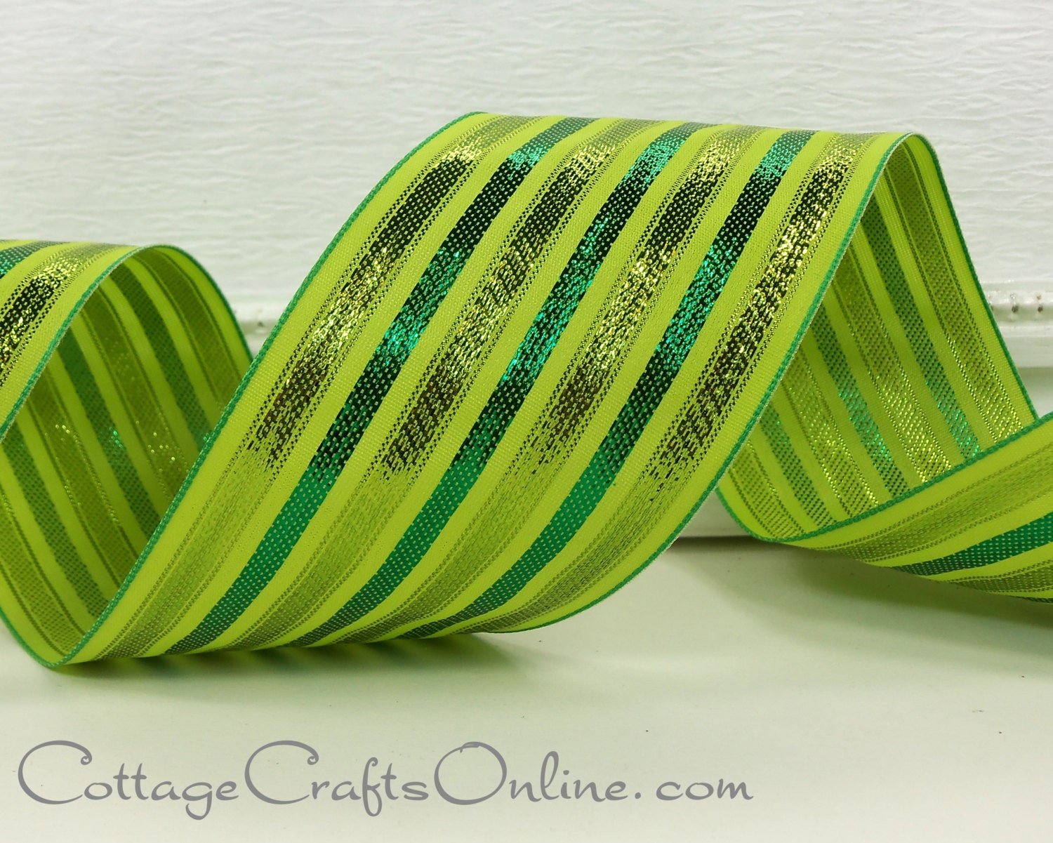 Wired Ribbon 2 1 2 Lime Green Metallic Stripe THREE