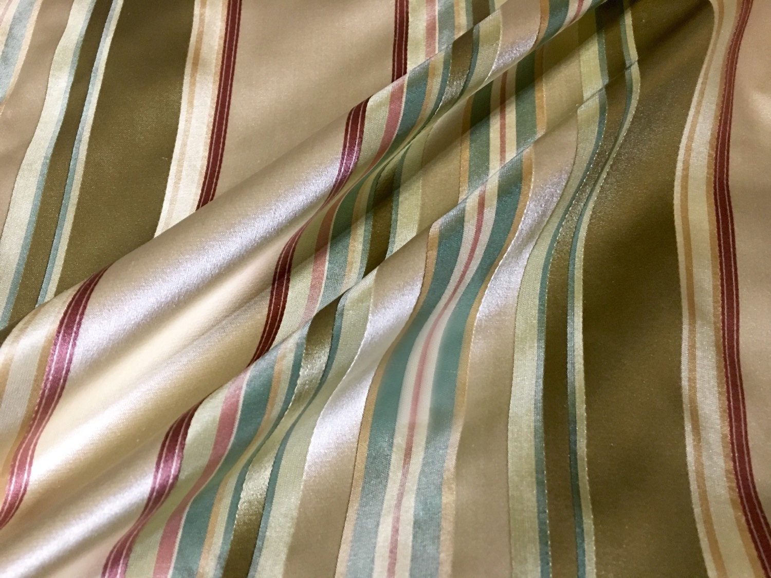 10 YDS DESIGNER Silk Satin Stripe Fabric Olive Green Berry