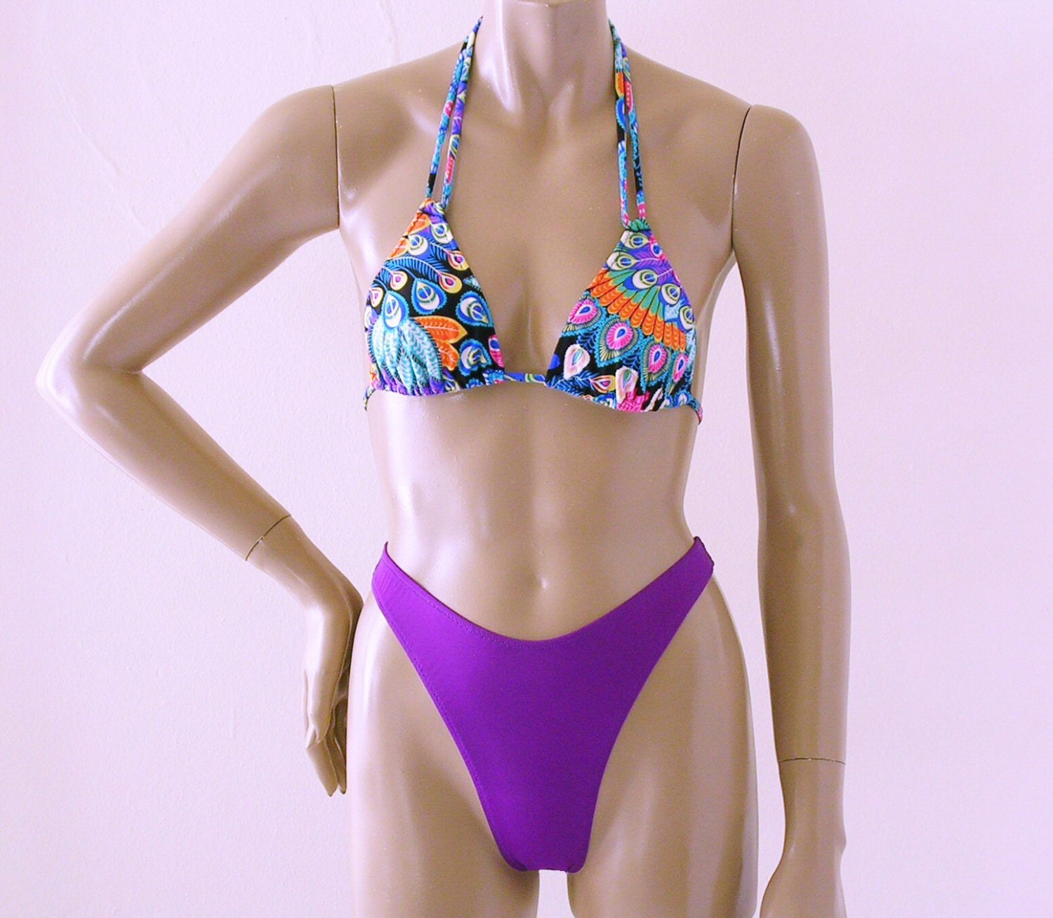 80s Thong Bikini Bottom With High Leg And Triangle Top In