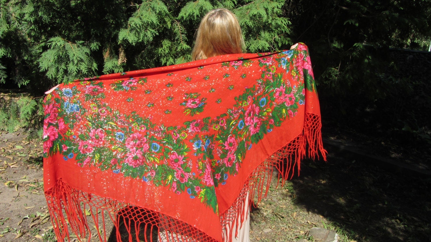 Japan Vintage Red Shawl With Fringes, Asian Floral Red Scarf, Asian style shawl,