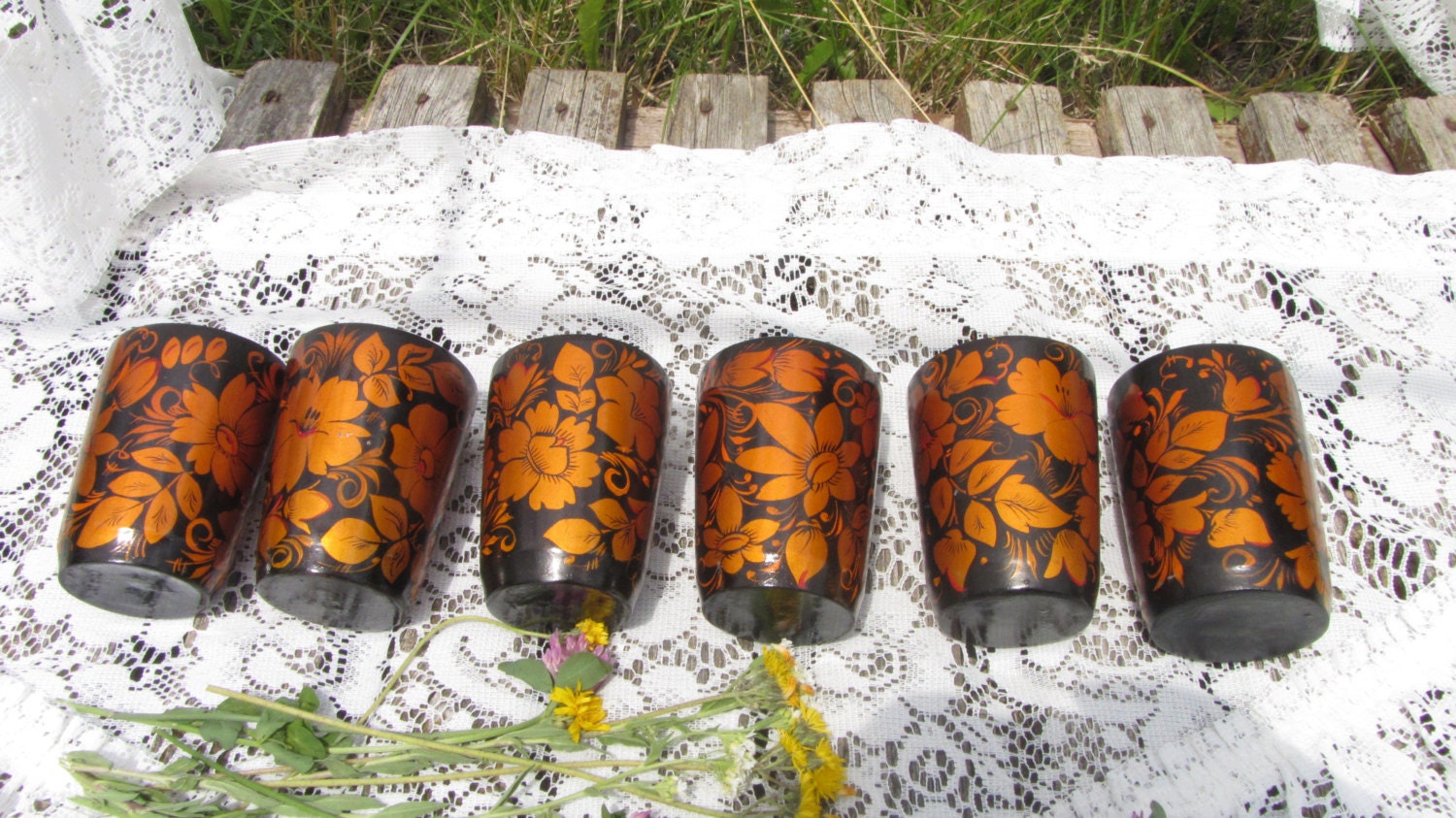 Big Six Cups Set Vintage, 6 Wooden Mugs Khokhloma, Colorful Hand Painted Wooden