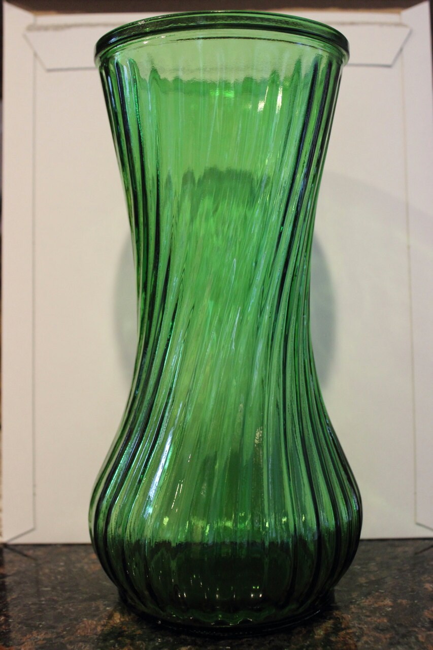 Vintage Hoosier Glass Tall Green Swirled Widemouth Vase