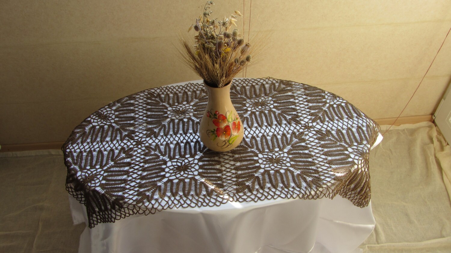 Brown Tablecloth Lace, Doilies Vintage Doily Runner Crocheted Lace, Rare Tablecl